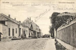1914 Csaca, Cadca, Caca; Úri utca, Politzer szálloda, útépítés. Taub Emil kiadása / street view with hotel, road construction