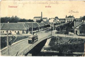 Temesvár, Timisoara; Úri utca, híd, villamos, vasútállomás a háttérben, üzletek. W. L. Bp. 2030. Kiadja Gerő Manó / street view, bridge, tram, railway station, shops (kopott sarkak / worn corners)