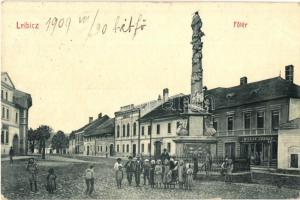 Leibic, Leibitz, Lubica; Főtér, Millan József üzlete és kiadása, W. L. Bp. 2885 / main square, shop (kopott sarok / wet corner)