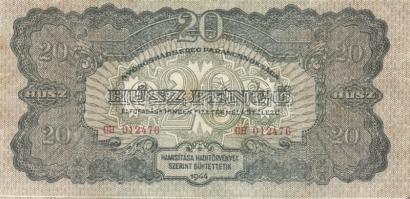1944. "V.H." 20P hátoldali erősen balra és felfelé csúszott nyomat + alul erős vastag fehér csík! T:II