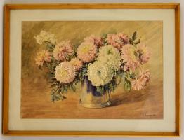 Benczúr Ida (1876-1970): Krizantém. Akvarell-ceruza, papír, jelzett, üvegezett keretben, 50×70 cm