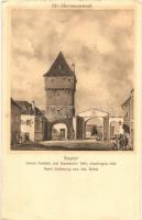 Nagyszeben, Hermannstadt, Sibiu; Sagtor innere Ansicht mit Wachstube 1848, abgetragen 1858. Nach Zeichnung von Joh. Böbel / Városkapu őrszobával. Jos. Drotleff, G. A. Seraphin kiadása, Joh. Böbel rajza után / city gate with guardroom. s: Joh. Böbel (kissé ázott sarok / slightly wet corner)