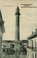 Szatmárnémeti, Szatmár, Satu Mare; Turnul pompierilor / Tűzoltó kongresszusi emlék 1908-ból, Tűzoltó őrtorony, istálló, tűzoltók, létra. Cseplák Bálint kiadása, Hollósi fényképész felvétele. Hátoldalon magyar zászló és visszatért felülbélyegzés / Memorial postcard from the Fire Fighting Congress, firefighter watch tower, firefighters, stable (EK)