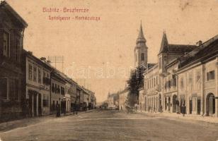 Beszterce, Bistritz, Bistrita; Spitalgasse / Kórház utca, Sahling szálloda, üzletek, templom. No. 391. M. Haupt kiadása / Hospital street, hotel, shops, church (EK)