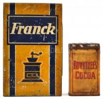 Franck kávépótlék, és Rowntrees Cocoa fémdobozok, 18x11x5 cm és 6x4x10 cm