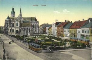Kassa, Kosice; Fő utca, templom, villamos / street, church, tram
