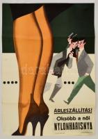 1964 Olcsóbb a női nylonharisnya,reklámplakát, Fővárosi Nyomdaipari Vállalat, hajtásnyomokkal, 46x66 cm.