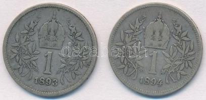 Ausztria 1893-1894. 1K Ag "Ferenc József" (2xklf) T:2-,3 Austria 1893-1894. 1 Corona Ag &q...
