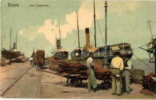 Trieste, Molo Giuseppino / quay with ships, industrial railway, timber loading