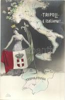 Tripoli, Tripolitania; Tripoli e Italiana! map with Italian flag. Propaganda card