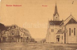 Munkács, Mukacheve, Mukacevo; Fő utca, Római katolikus templom, üzletek. W. L. 1169. / main street, Catholic church, shops (EK)