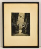 Tordai Schilling Oszkár (1880- ): Maszkabál, rézkarc, papír, jelzett, üvegezett fa keretben, 20×16 cm
