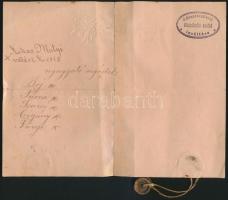 1885 Palics, Hiteles bizonyítvány sikeres vadászatról, viaszpecséttel