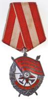 Szovjetunió ~1950-1960. Vörös Zászló érdemrend jelzetlen Ag kitüntetés, zománcozott, mellszalaggal, hátoldalán sorszám (44x36mm) T:2 aranyozás teljesen lekopott Soviet Union ~1950-1960. Order of the Red Banner unmarked Ag decoration, enamelled, with ribbon, numbered on its back (44x36mm) C:XF gold plating completely worn