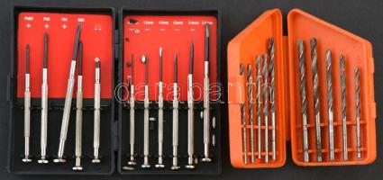 Barkács tétel: fúrók, óráscsavarhúzó készlet, drótkefe, csavarhúzó, fenőkő, fecskendő, imbuszkulcs, ...