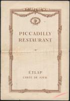 1937 Piccadilly étterem francia nyelvű menükártyája, hajtásnyomokkal, a hajtások mentén szakadással