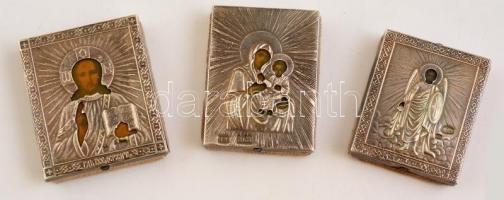 3 db orosz ezüst mini ikon. 84 zolotniki jelzéssel / 3 antique Russian mini icons. Hallmarked. 4x4,5 cm