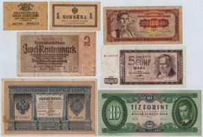 7db-os vegyes külföldi bankjegy tétel, közte 1db magyar bankjegy, mellette Jugoszlávia, NDK, Orosz Birodalom T:III 7pcs of various banknotes, including Yugoslavia, GDR, Russian Empire C:F