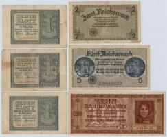 6db-os vegyes német megszállásos bankjegy tétel, közte Ukrajna 1942. 10K T:III 6pcs of diff German occupation banknotes, including Ukraine 1942. 10 Karbowanez C:F
