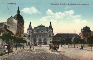 1916 Temesvár, Timisoara; Józsefvárosi indóház, vasútállomás, villamos / Josefstädter Stationsgebäude / Iosefin railway station, tram