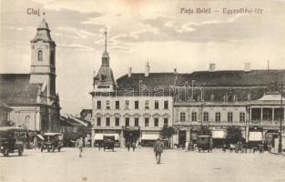 Kolozsvár, Cluj; Egyesülési tér, templom, autóbuszok, S. Kupas üzlete / Piata Unirii / square, church, autobuses, shops