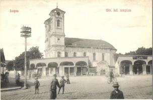 Lugos, Lugoj; Görög keleti templom, tér, V. Crista üzlete, villanyoszlop / Greek Orthodox church, shop, pylon