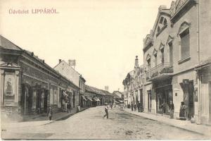 Lippa, Lipova; utcakép, Franz Schwarz és Schwarz Adolf üzlete. Konstantin Sándor kiadása / street view with shops