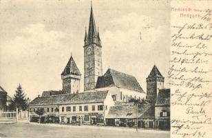 1908 Medgyes, Mediasch, Medias; tér, üzletek / square and shops