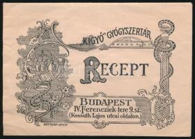 A Kígyó Gyógyszertár (Budapest IV: Ferenciek tere) receptborítékja, szép állapotban