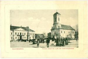 Nagykikinda, Kikinda; Ferenc József tér, Görögkeleti (ortodox) szerb templom, piaci árusok. W. L. Bp. 6628. / Franz Joseph square, Serbian Orthodox church, market vendors (EK)