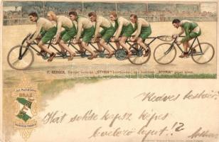 1899 F. Gerger, Európa bajnoka Styria kerékpáron egy hatüléses Styria gépet követ. Joh. Puch & Comp. Graz Stryria Fahrrad Fabrik osztrák kerékpár reklámlap / Austrian bicycle advertisement. Kunstanstalt Grimme & Hempel. litho (kis szakadás / small tear)