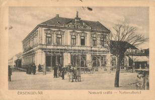 Érsekújvár, Nové Zamky; Nemzeti szálloda és kávéház, Frisch és Pollák Vilmos üzlete / hotel and cafe, shops (EK)