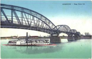 Komárom, Komárno; Nagy-Duna híd, Komárom gőzhajó / Danube bridge, steamship (EK)