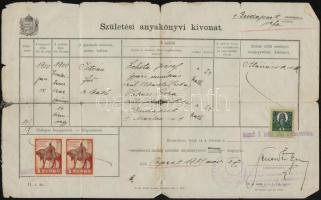 1931 Születési anyakönyvi kivonat 1P okmánybélyeggel, 2 x 1P Budapest fővárosi illetékbélyeggel