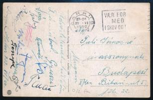 1939 Nemzeti S.C. labdarúgók által aláírt képeslap Aarhusból küldve, közte Fenyvesi, Szalay, Sztancsik, Takács, Bihari, Soos, Angyal, Tompa, Pálya