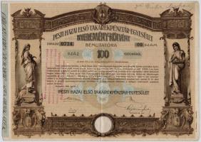 Budapest 1906. Pesti Hazai Első Takarékpénztár-Egyesület 100K-ról szóló nyereménykötvénye, felülbélyegzéssel T:II-