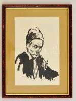 Szász Endre (1926-2003): Pipázó öreg. Tus, papír, jelzett (Sz.E), üvegezett keretben, 27×17 cm