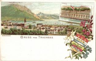 Gmunden, Traunstein, Traunsee, Kurhaus. Coat of arms, floral, litho
