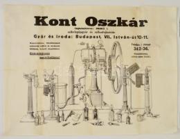 cca 1920-1940 Kont Oszkár szikvízgépgyár és szifonfejöntöde, nagyméretű reklámplakát, hajtásnyomokkal, feltekerve, 47×62 cm