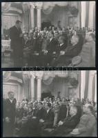 cca 1945-1946 Tildy Zoltán (1889-1961) miniszterelnök, később köztársasági elnök (1946-1948) hallgatja a felszólalókat, és felszólal egy ülésen, 2 db fotó, Szeged, Liebmann Béla, pecséttel jelzett, 9x12 cm x 2