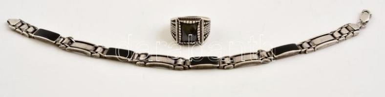 Ezüst(Ag) gyűrű kővel + ezüst(Ag) karkötő, berakással, jelzett, méret: 60, h: 22 cm, bruttó:  32,6 g