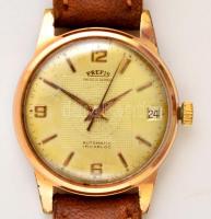 Prefis automata óra, dátumkijelzővel, bőr szíjjal, működik, d: 3,5 cm