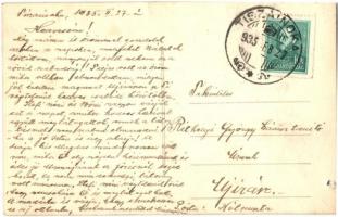 1933 Tiszainoka, lenaratás az uradalomban, magnak hagyott vörös lóhere - 2 db eredeti fotó képeslap ...