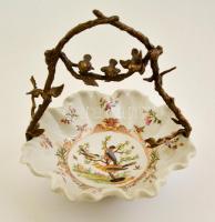 MTP 1895 (modern) fajansz kínáló, réz madárkás fogóval, kézzel festett, hibátlan, jelzett, m:25 cm, ...