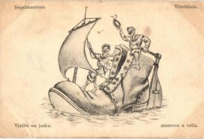 Segelmanöver / Vitorlázás / Vjezbe na jadra / Manovre a vella / Austro-Hungarian Navy K.u.K. Kriegsmarine mariner art postcard, humor. C. F. P. Nr. 62a. unsigned Ed Dworak (EB)