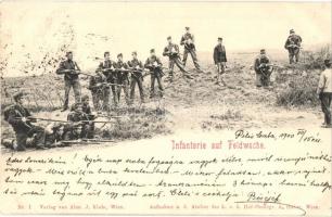 1900 Infanterie auf Feldwache. Verlag v. Alex. J. Klein Nr 1. Aufnahme a. d. Atelier des K.u.K. Hof-Photogr. A. Huber / Osztrák-magyar katonák terepen / Austro-Hungarian K.u.K. military infantry on field