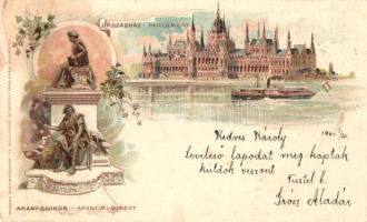 1899 Budapest, Országház, Arany-szobor. Floral litho. Magyar Automatagyár és Kölcsönző Rt. kiadása (EK)