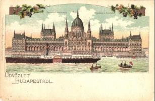 1910 Budapest V. Országház, gőzhajó, szőlőfürtök. Kunstanstalt Rosenblatt litho (EK)