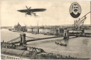 1909 Budapest, Bleriot gépe a Lánchíd felett, háttérben az Országház (EK)