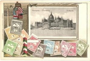 Budapest V. Országház, Parlament. Magyar címeres bélyeges litho. Philatelie-Ansichtskarte